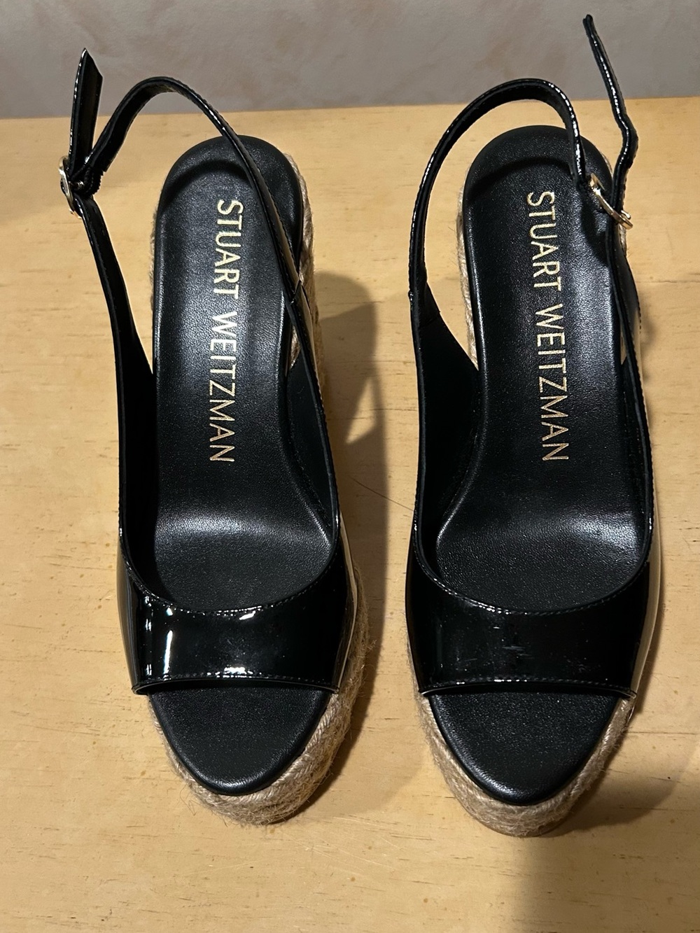 Stuart Weitzman black patent sling back espadrille wedge in size 6.5